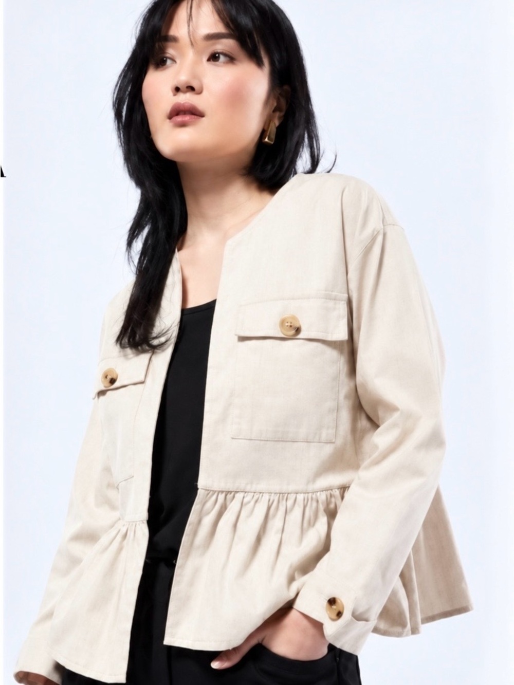 ZARA Ivory Cream Peplum Utility Jacket Blouse Viscose Blend